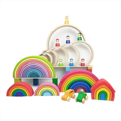 Educational 35cm 7cm Wooden Blocks Toys Rainbow Stacking Blocks
