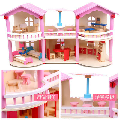 24cm Pink Mini Wooden Doll House Toys Traditional Colored