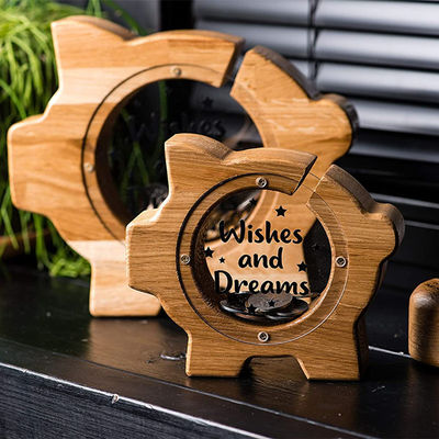 Wooden Cartoon Piggy Bank ISO9001 For Home Decoration
