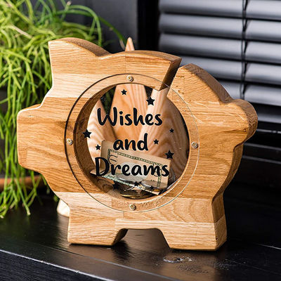Wooden Cartoon Piggy Bank ISO9001 For Home Decoration