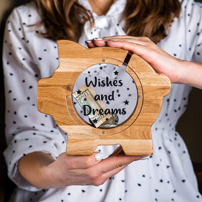Wooden Cartoon Piggy Bank ISO9001 For Home Decoration
