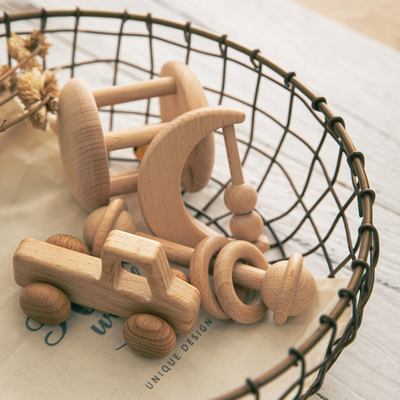 4 Pcs/Set Baby Toys Natural Wooden Rattle Teether Musical Newborn Gift