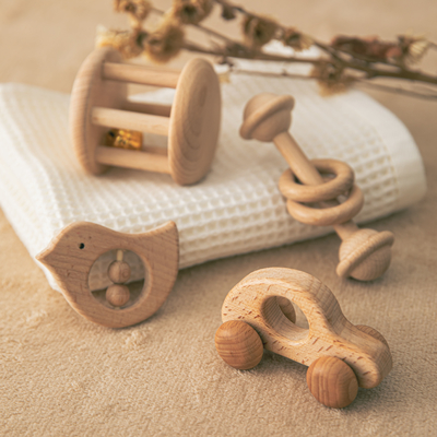 4 Pcs/Set Baby Toys Natural Wooden Rattle Teether Musical Newborn Gift