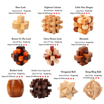 Wooden Kong Ming Puzzles Set Luban Lock IQ Puzzle Game for Adult Kids Time Killer Brain Teaser 3 Levels Degree Game Toy