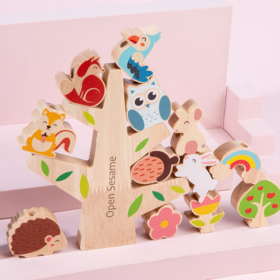 Wooden Animal Balance Stacking Game Natural Tree Toy For Preschool