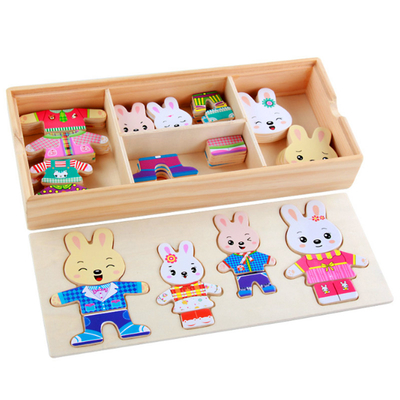 72pcs Wooden Animal Jigsaw Puzzles Cartoon Rabbit Bear Dress
