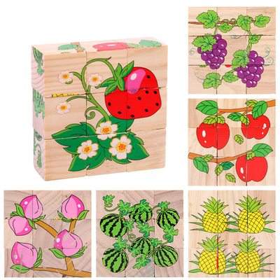 Baby Wooden Block Toys Animal Fruit Early Learning Six Side 3D Cube Jigsaw