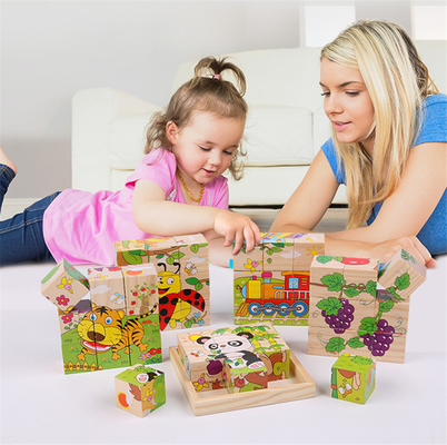 Baby Wooden Block Toys Animal Fruit Early Learning Six Side 3D Cube Jigsaw