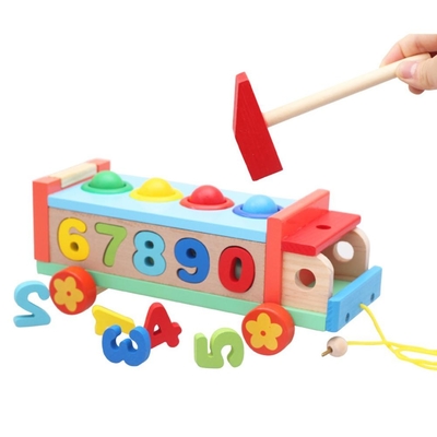 Wooden Knocking Blocks Pull Along Car Number Color Pairing Interactive