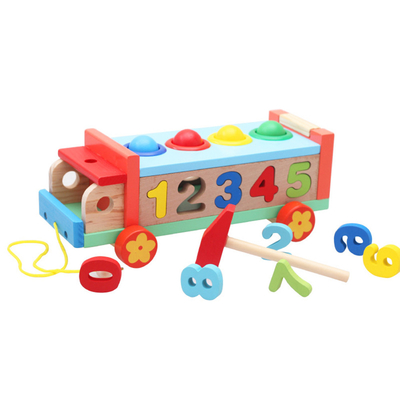 Wooden Knocking Blocks Pull Along Car Number Color Pairing Interactive