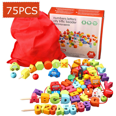 75Pcs Wooden Urban Traffic Number Letter Beaded Rope Game Stringing Threading