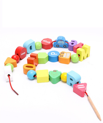 75Pcs Wooden Urban Traffic Number Letter Beaded Rope Game Stringing Threading